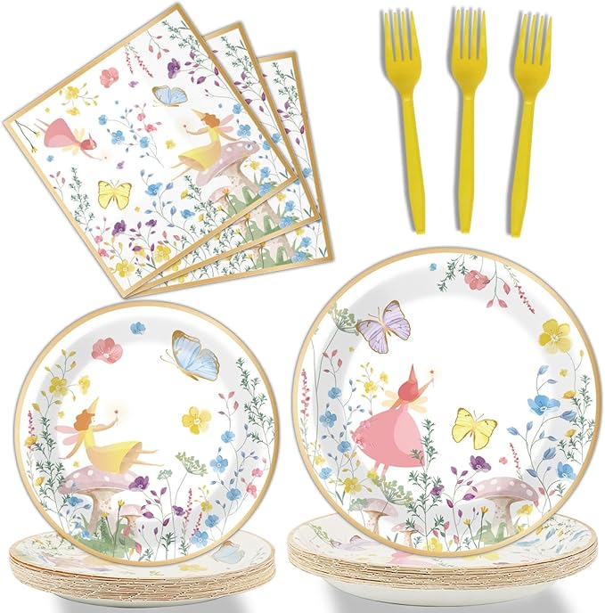 96 Pcs Fairy Plates and Napkins Party Supplies Talking Truly Fairy Tableware Set Tea Luncheon Party Decorations Favors for Girls Kids Birthday Baby Shower Serves 24