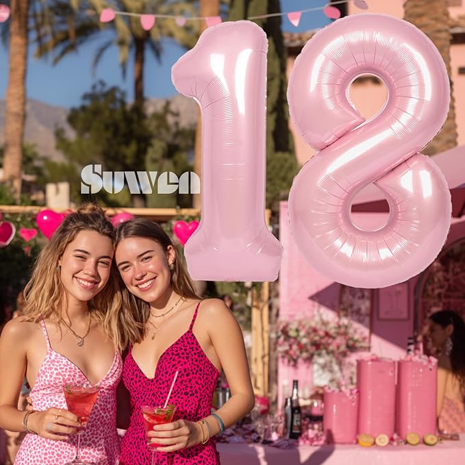SUWEN 40 Inch Pink Large 18 Number Balloons Big Foil Helium Number Balloons 0-9 Jumbo Happy 18th Mylar Birthday Party Decorations for Girl or Women 81 Anniversary Party Supplies