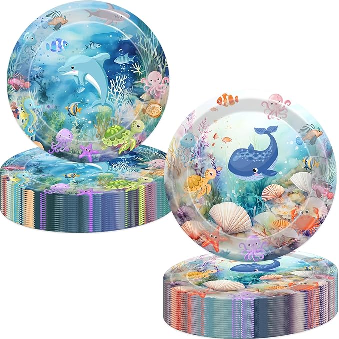 Under The Sea Party Plates Ocean Disposable Paper Plates Dinnerware for Underwater World Sea Life Theme Baby Shower 1st 2nd 3rd 4th Birthday Party Decorations
