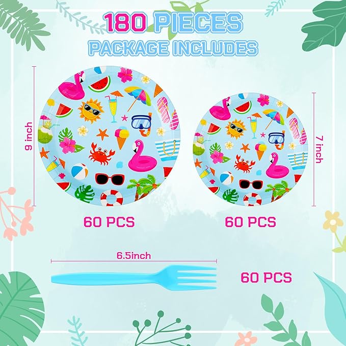 180 Pcs Summer Pool Party Paper Plates and Forks Pool Party Supplies 9'' Disposable Plates 7'' Paper Snack Plates Plastic Forks for Kids Birthday Hawaiian Beach Party Decorations, Serves 60