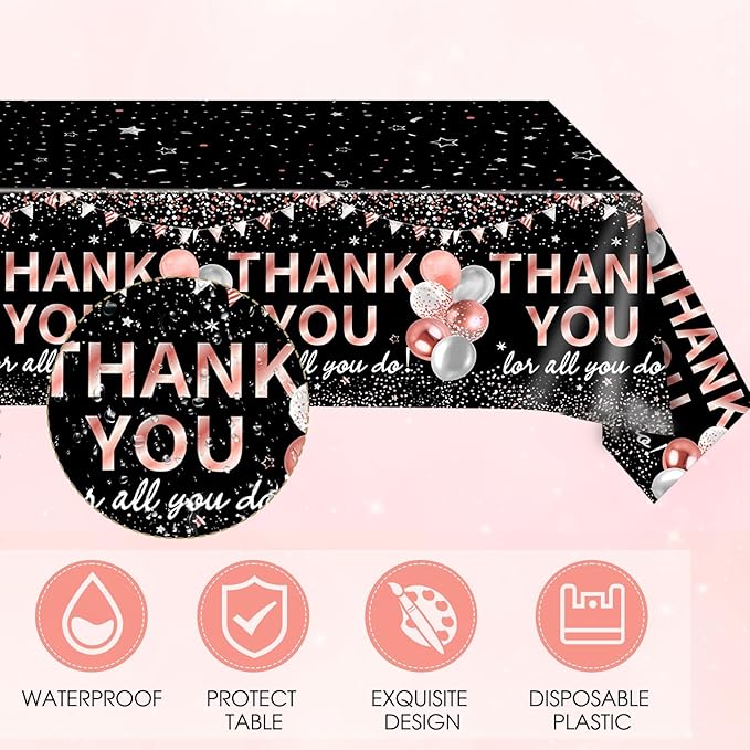 41Pcs Black Rose Gold Thank You Decorations Thank You for All You Do Tableware Disposable Paper Plates Napkins Tablecloth丨Teacher Employee Staff Doctors Nurse Pastor Appreciation Week Party Decor