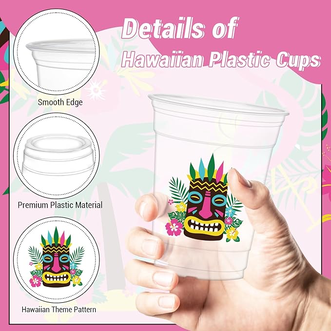 50Pcs Hawaiian Cups, 12oz Luau Party Cups Aloha Plastic Cup for Hawaiian Tropical Aloha Decorations Summer Themed Birthday Party Favor Luau Beach Pool Supplies