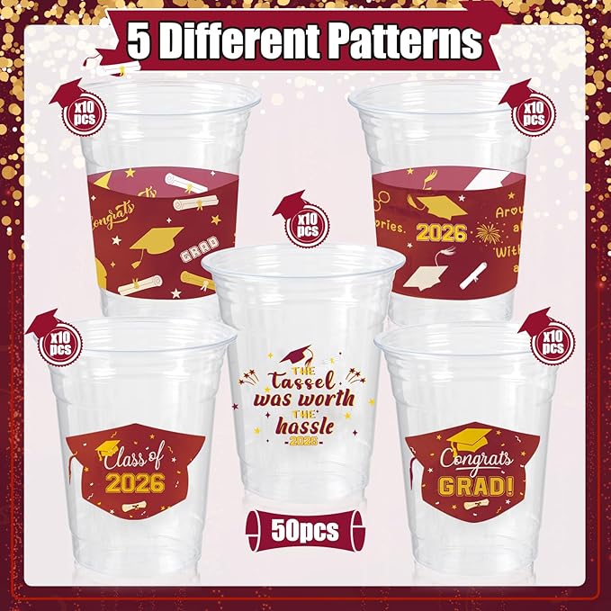 GuassLee Maroon Graduation Decorations 2026 Party Cups - 50pcs 12 Oz Maroon Disposable Graduation Plastic Clear Cups for Drinks Class of 2026 Grad Party Supplies