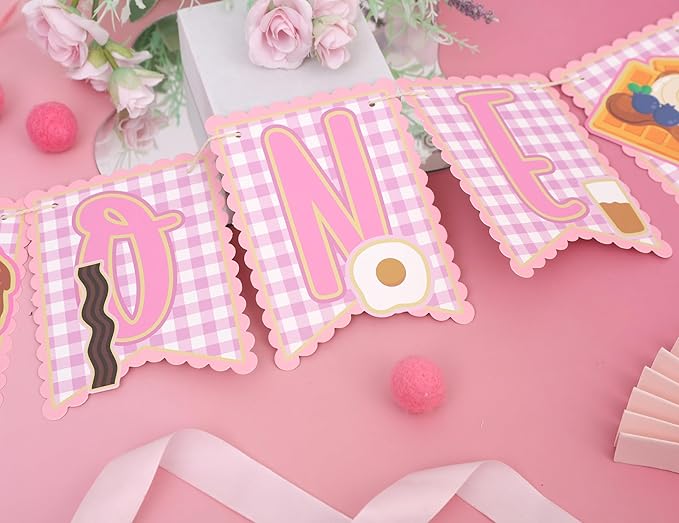 Brunch 1st Birthday HighChair Banner - Breakfast First Birthday Decoration, Pancakes and Pajamas Party Supplies, Breakfast Food Banner, Pancake and Waffle Cake Smash Photo Props (Pink Brunch Banner)