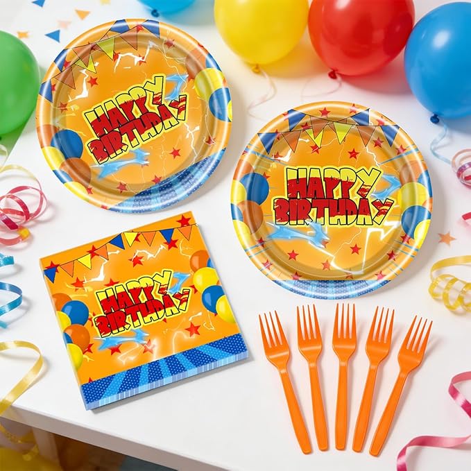 Orange Red Stars Birthday Party Supplies Orange Red Stars Party Decoration Disposable Happy Birthday Tableware Set, Serves 20 Guests