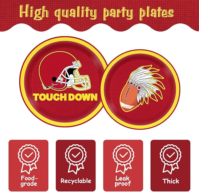 168pcs Red Football Party Supplies Touch Down Plates Napkins American Rugby Tableware Set Disposable Paper Cups Red knives Forks and Spoons Football Birthday Party Decorations Serves 24