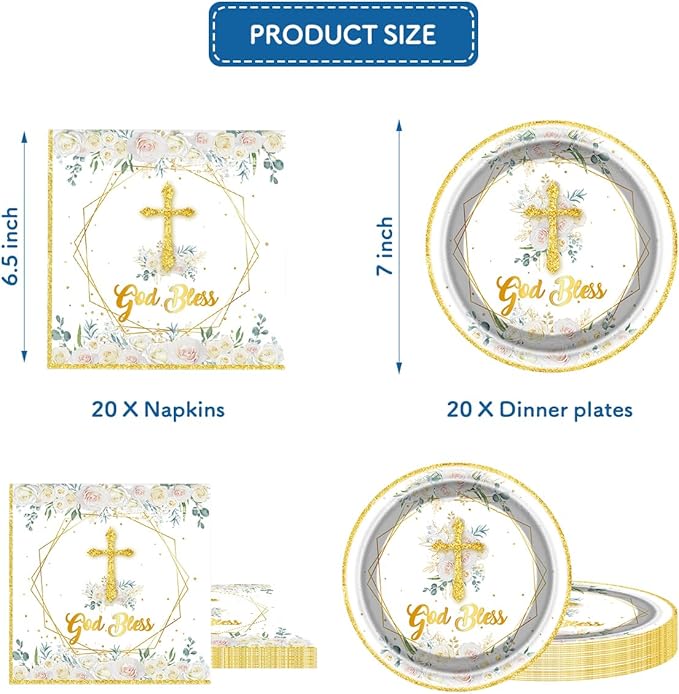 God Bless Plates and Napkins Baptism Theme Party Supplies, First Holy Communion 20 Plates, 20 Napkins for Newborn Baptism Church Cross Party Decoration