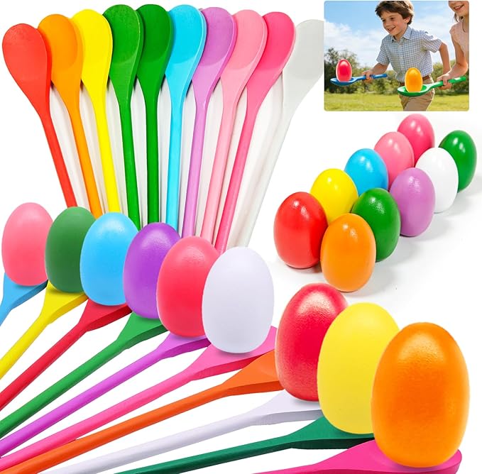 TOPLEE 20 Pcs Easter Egg and Spoon Race Game Set, 10 Players Balance Relay Easter Games Include 10 Eggs and Wooden Spoons for Kids Family Carnival Outdoor Games Holiday Birthday Party Supplies