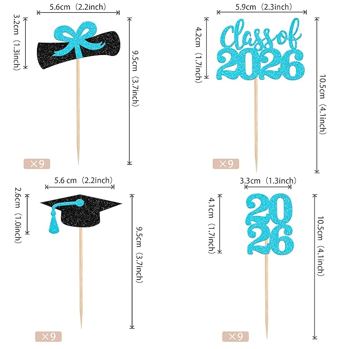 36 PCS 2026 Graduation Theme Cupcake Toppers Glitter Class of 2026 Graduation Cap Diploma Cupcake Picks 2026 Graduate Theme Party Cake Decorations Supplies Lake Blue