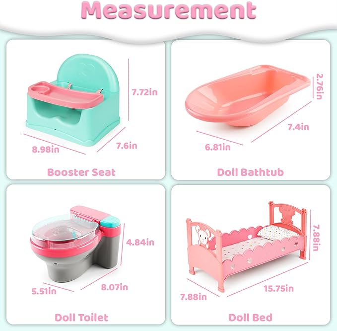 deAO Baby Doll Play Set, 25 PCS Baby Dolls Accessories with Doll High Chair Seat High Crib Toy Toilet and Bathtub Pretend Play Toys Gift for Ages 3 4 5 6 7 8 9 Girls Kids