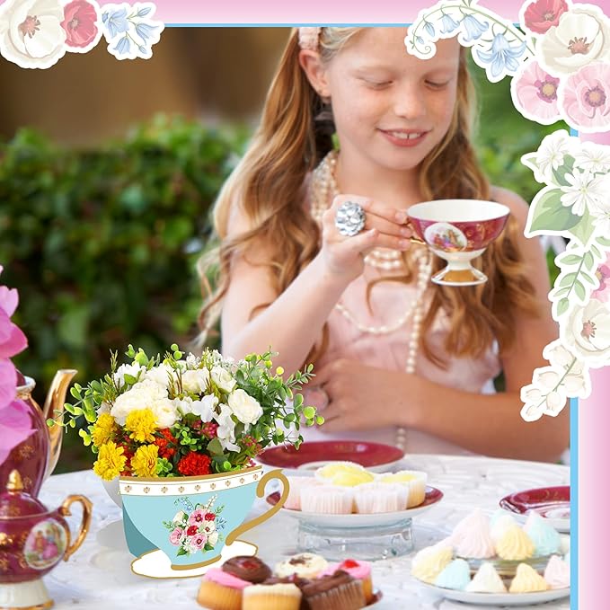 Yinder 6 Pcs Tea Party Decorations Princess Party Flower Boxes Centerpiece Floral Teapot Centerpiece for Floral Tea Themed Birthday Wedding Supplies(Fresh Tea Cup)