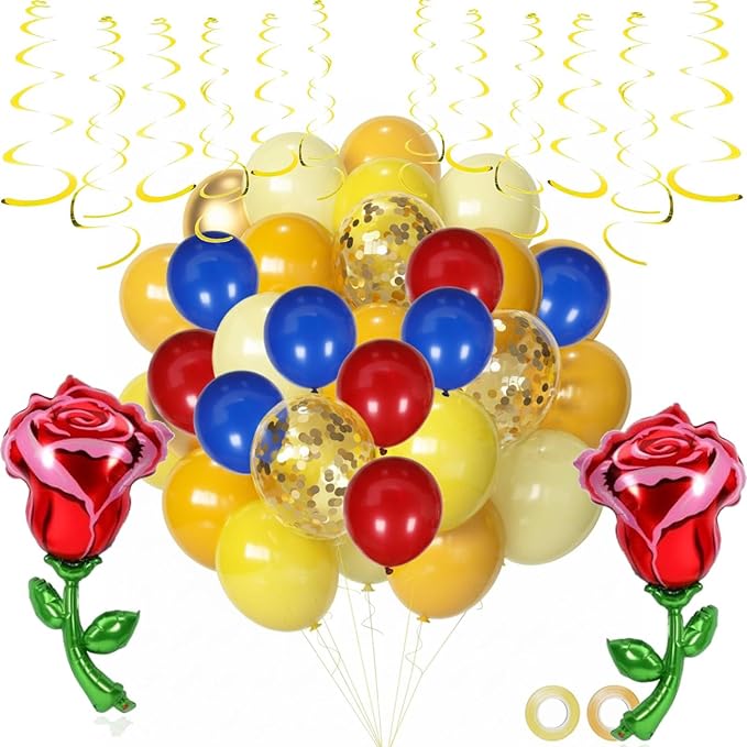 91 Pcs Yellow Blue Gold Birthday Party Decoration Balloons Set, Gold Confetti and Red Rose Foil Balloons, Hanging Swirls for Women Girls Wedding Engagement Birthday Princess Party Supplies