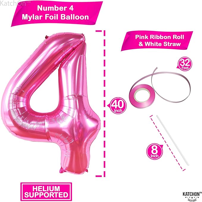 KatchOn, Hot Pink 4 Balloon Number - 40 Inch | 4th Birthday Balloons For 4th Happy Birthday Decorations | Number 4 Balloon For Pink Party Decor | 4th Happy Anniversary Decorations