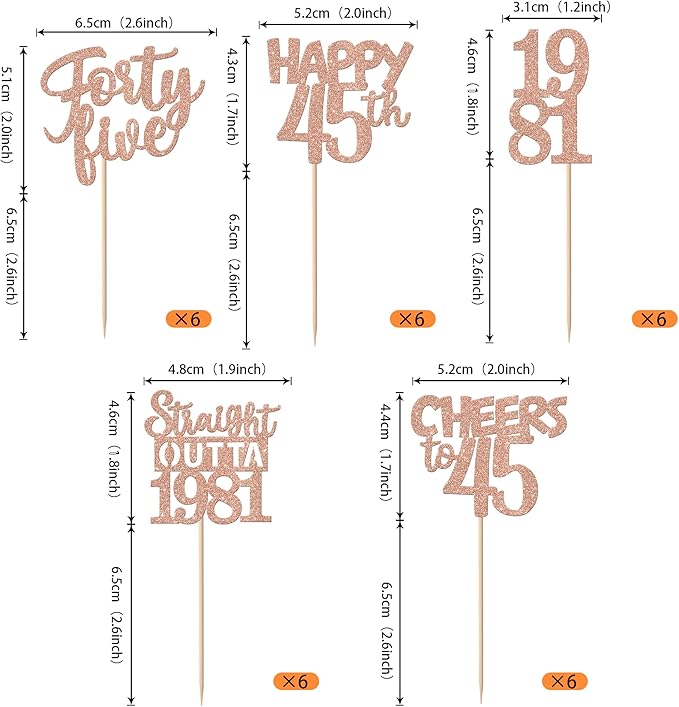 30PCS 45th Birthday Cupcake Toppers Glitter Forty Five Happy 45 Straight Outta 1981 Cupcake Picks for Cheers to 45 Years 45th Birthday Anniversary Party Cake Decorations Supplies Rose Gold