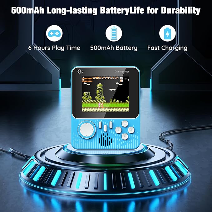 G7 Retro Handheld Game Console, Portable Gaming Device with USB Cable, Blue Color, Classic Arcade Style Display, Built-in Games