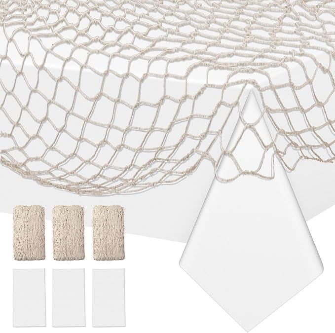 Unittype 6 Pack Fish Net Decorative and Tablecloth Set, Cotton Fishnet and Plastic Table Cover Decorations Set for Nautical Themed Party Baby Shower Pirate Decorations Mermaid Party Supply (White)