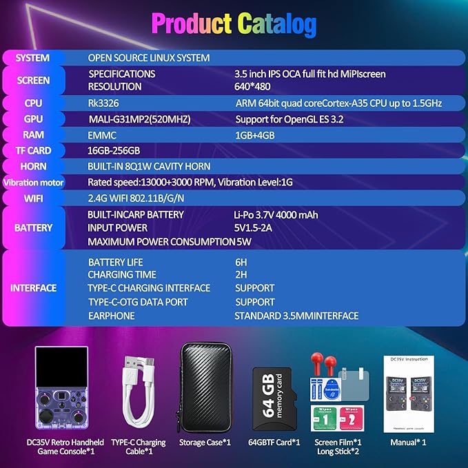 Retro Handheld Game Console, DC35V Retro Gaming Console 3.5’’IPS Screen Open Source Linux System Built-In 20000+Classic Games, 20+Emulators, Portable Video Gaming Console with 4000mAh Battery (Purple)
