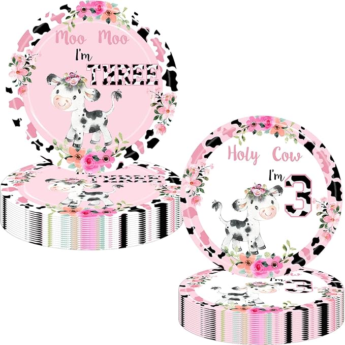 Holy Cow I'm Three Girls Birthday Party Plates Cow Three Years Old Paper Dinner Plates Dinnerware for Farm Animals Cow Themed Girls 3rd Birthday Party Supplies Decorations
