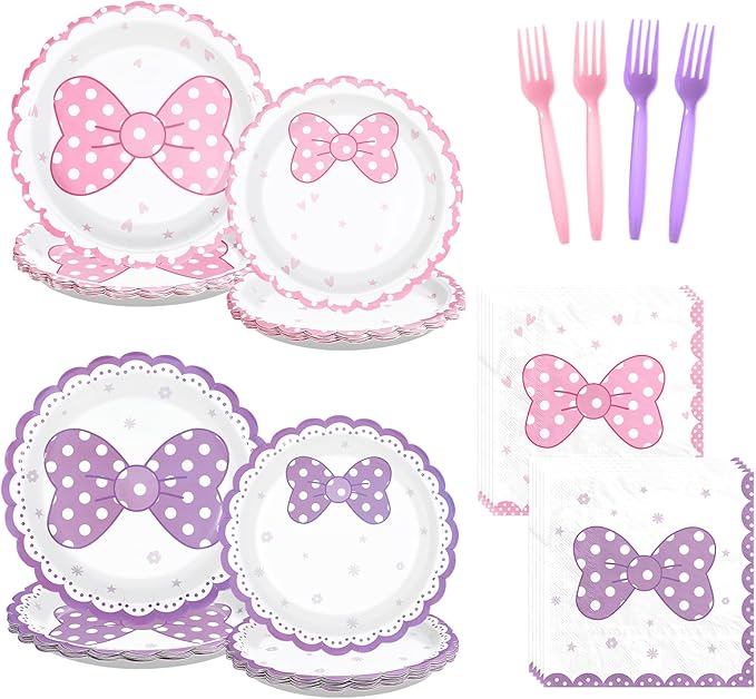 96Pcs Cartoon Mouse Party Decorations Cute Mouse Birthday Paper Plates and Napkins Tableware Sets Pink and Purple Bows Themed Decor for Girls Holiday Birthday Party Supplies Serves 24