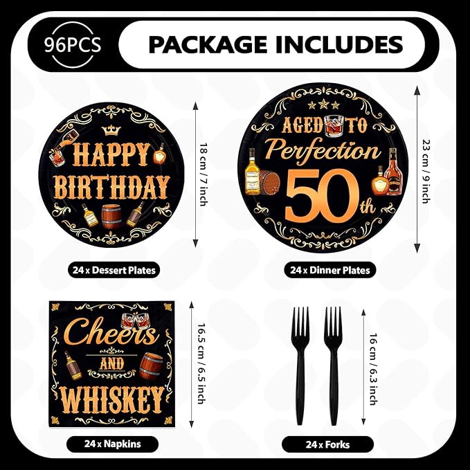 96 Pcs Whiskey 50th Birthday Party Supplies Aged To Perfection 50th Plates and Napkins Disposable Cheers and Whiskey Tableware Set for Men Vintage 50 Years Old Birthday Party Decorations Serves 24