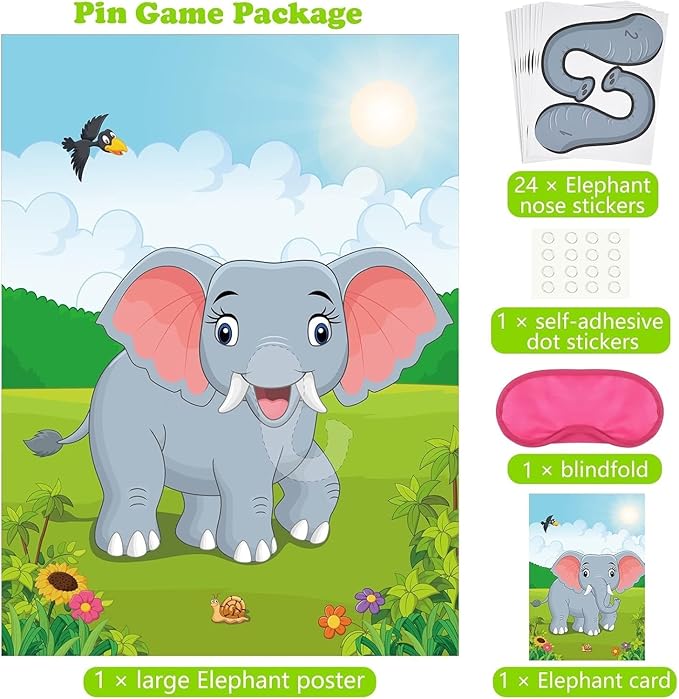PLULON Pin The Nose on The Elephant Party Game with Elephant Nose Stickers for Kids Birthday Party Supplies, Animal Party Carnival Party Supplies