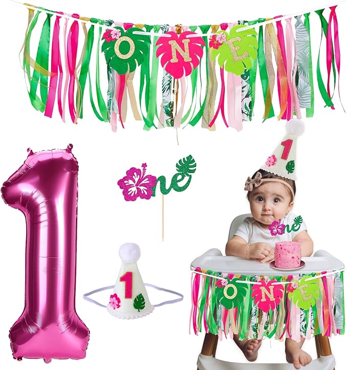 Hawaiian Aloha High Chair Banner for 1st Birthday Party Decoration Tropical Hawaiian Luau One High Chair Tassel Garland Banner for Girls Baby Shower Moana 1st Birthday Party Backdrop Decoration
