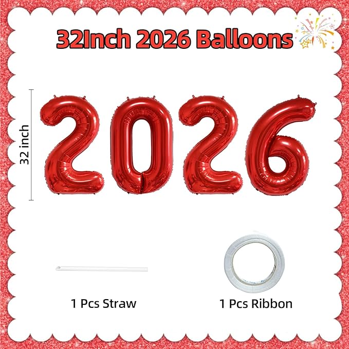 KALOR 32 Inch 2026 Red Foil Number Balloons, 2026 New Years Decorations for 2026 Happy New Year Eve and Graduations Party Supplies