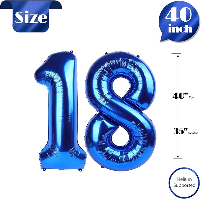 Navy Blue Number 18 Balloon 40 inch, 18 Number Balloons, 18th Navy Blue Birthday Decorations, 18 Year Old Girls Boys Blue Party Supplies