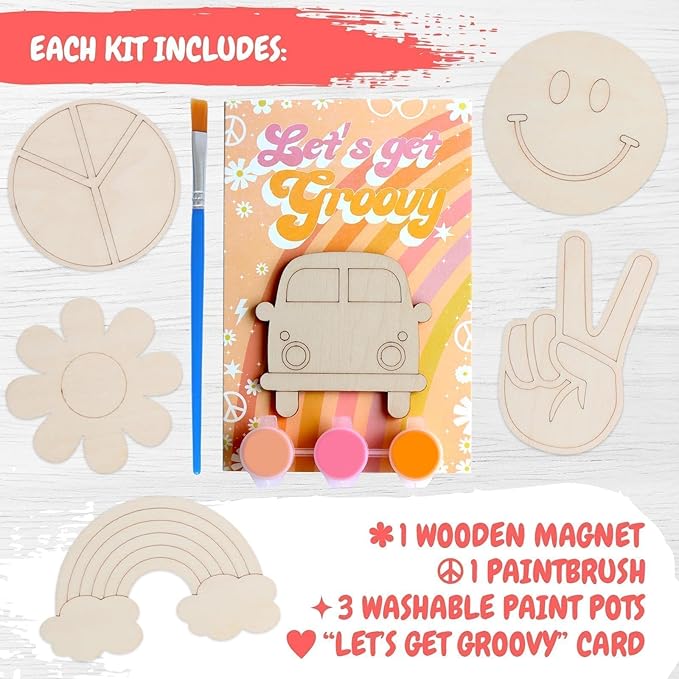 BOIKOKY 12 Pack Pre-Packaged Groovy Party Favors, Wooden Retro Cutouts with Magnets & Painting Kits for Kids, 70s Theme Birthday Decorations & Thank You Gifts for Guests