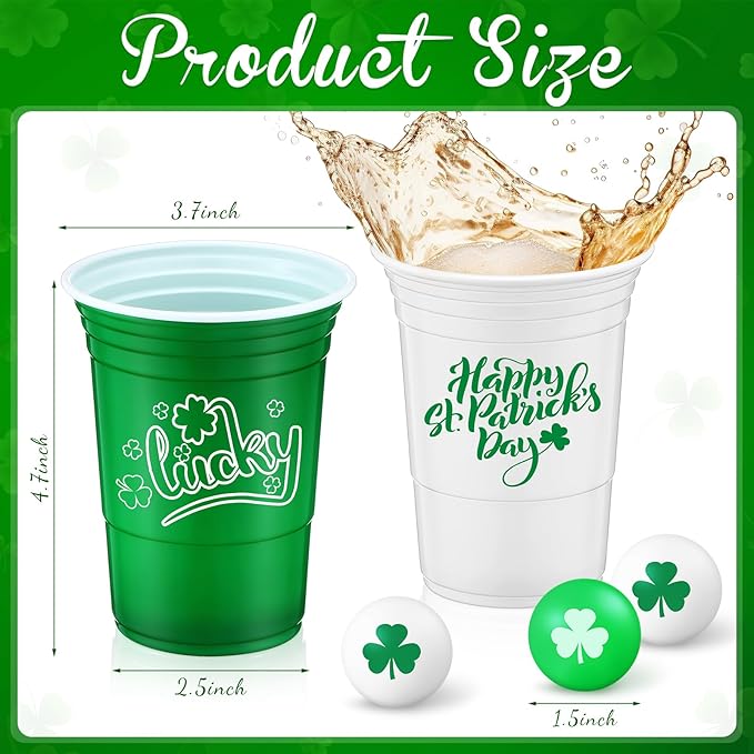 Pickmesh 30 Pack St. Patrick's Day Party Game Set, 22 Pack 16 oz St Patricks Day Plastic Beer Cups and 8 Pack 1.5in Green Shamrocks Balls Beer Game Set for Irish Festival Party Games Favors