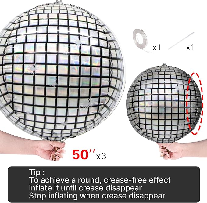 PartyWoo Silver Disco Ball Foil Balloons 3pcs 50 Inch Large Round Foil Big Giant 4D Jumbo Inflatable Mirror Ball Mylar Balloons for Graduation Birthday Engagement Space Themed Party Decorations
