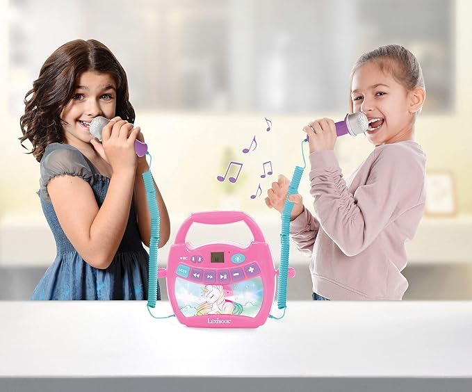 LEXiBOOK Unicorn - Portable Karaoke Digital Player for Kids – Microphones, Light Effects, Bluetooth, Record and Voice Changer Functions, Rechargeable Battery, Pink, MP320UNIZ