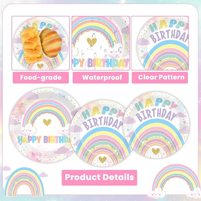 96PCS Boho Pastel Rainbow Party Paper Plates and Napkins for Rainbow Cloud Theme Party Dessert Cake Plates Disposable Decor Girls Happy Birthday Set for Kids Birthday Gatherings Decorations