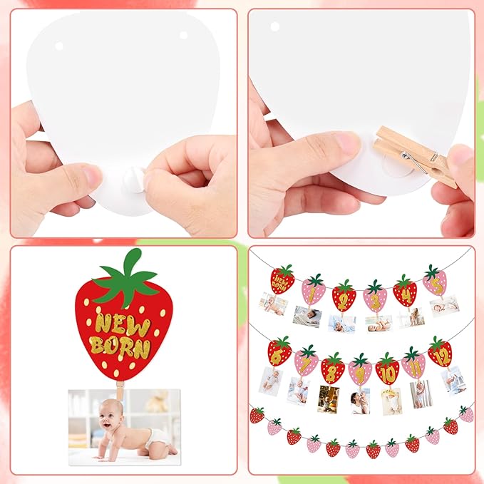Strawberry First Birthday Party Decoration Berry 1st Monthly Photo Banner Milestone Photograph Bunting Garland for Baby Girl 12 Months Photo Display Baby Shower Berry Party Decorations Supplies