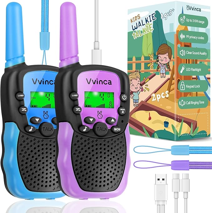 Vvinca Rechargeable Walkie Talkies for Kids 4 Pack, 5-7 Year Old Boy Toys Long Range 22 Channels 2 Way Kids Walkie Talkie with Flashlight for Camping Hiking Indoor Outdoor 3 4 5 6-12 Girl Boy Gift