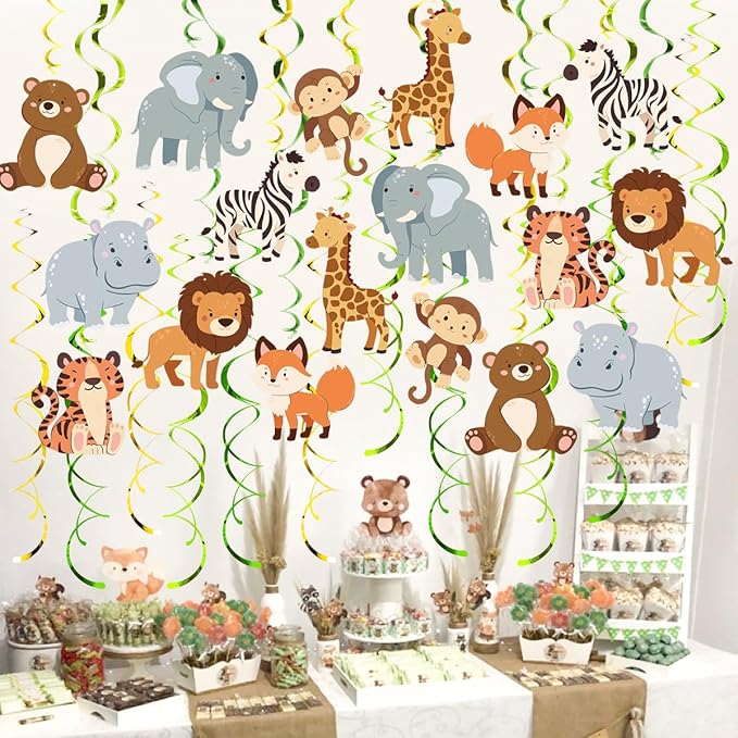 Safari Animal Party Streamers, 48 Pcs Jungle Theme Hanging Swirl Decorations - Hippo, Lion, Zebra & More for Birthday, Holiday, Classroom & Party Decor