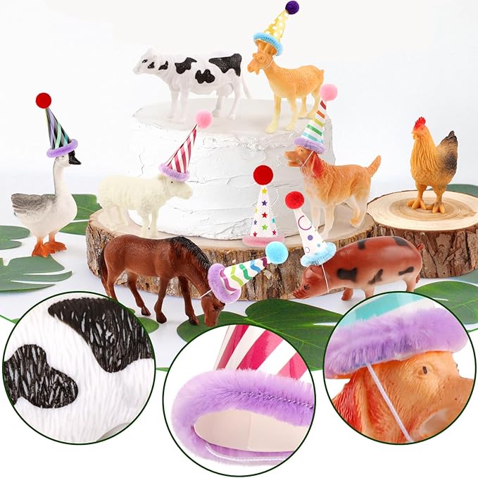Hooqict 20Pcs Farm Animal Cake Toppers Animals Figures with Mini Party Hats Birthday Cake Decorations for Farm Birthday Party Decorations Favors Supplies