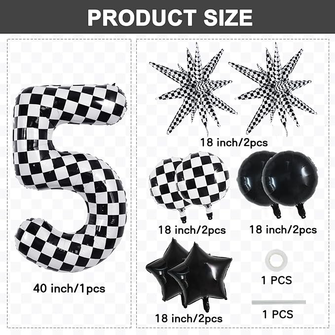 TONIFUL 40 Inch Checkered 5th Birthday Balloons Set Number 5 Race Car Black White Checkered Round Explosion Star Balloons Boys Race Car Themed Birthday Party Decoraction