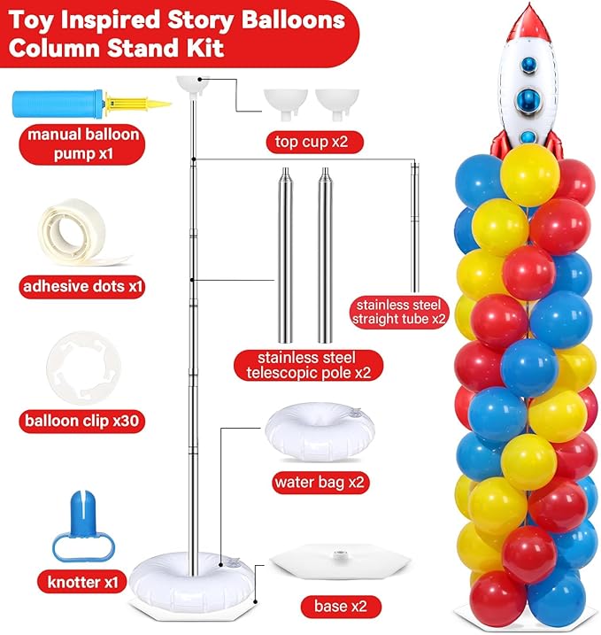 2 Sets Toy Inspired Story Balloons Column Stand Kit With 102 Rocket Foil Balloons 5.57ft Adjustable Tower Stand With Base Arch Column for Baby Shower Carton Birthday Party Supplies