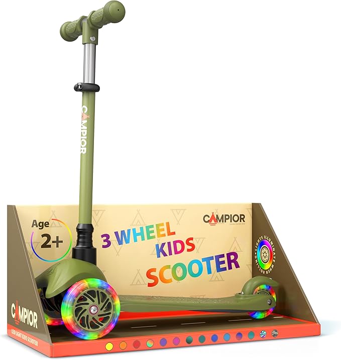 Neon Green Mini 3 Wheel Scooter for Kids – Lean-to-Steer Kick Scooter with LED Light-Up Wheels, Adjustable Handlebar, Wide Anti-Slip Deck, Smooth Wheels, Rear Foot Brake – Toddler Scooter for Ages 2+