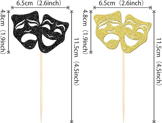 24 PCS Theatrical Mask Cupcake Toppers Glitter Comedy Movie Night Cupcake Picks for Film Festival Theme Birthday Party Cake Decorations Supplies Black Gold