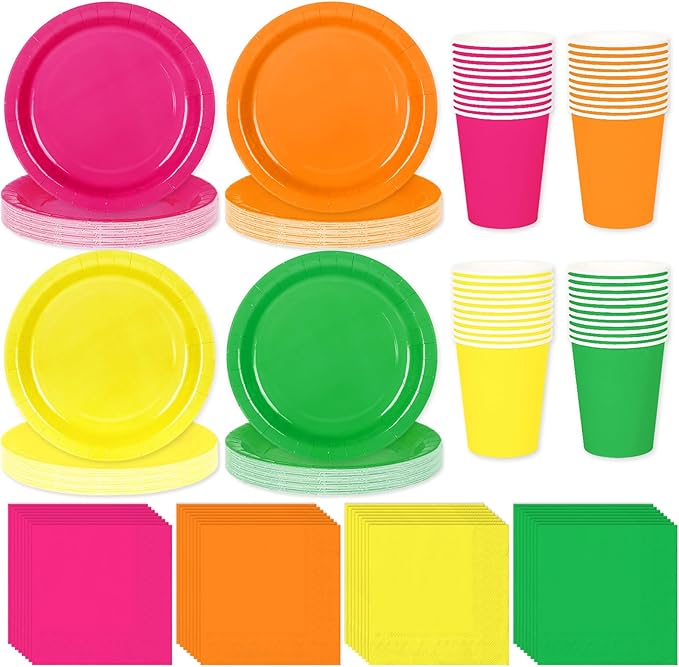 Whaline 244Pcs Neon Tableware Set Serves 48 Bright Color Disposable Dinnerware 48 9" Plates 48 7" Plate 48 9oz Cups 100 Napkins for Fiesta Neon Glow Party Supplies