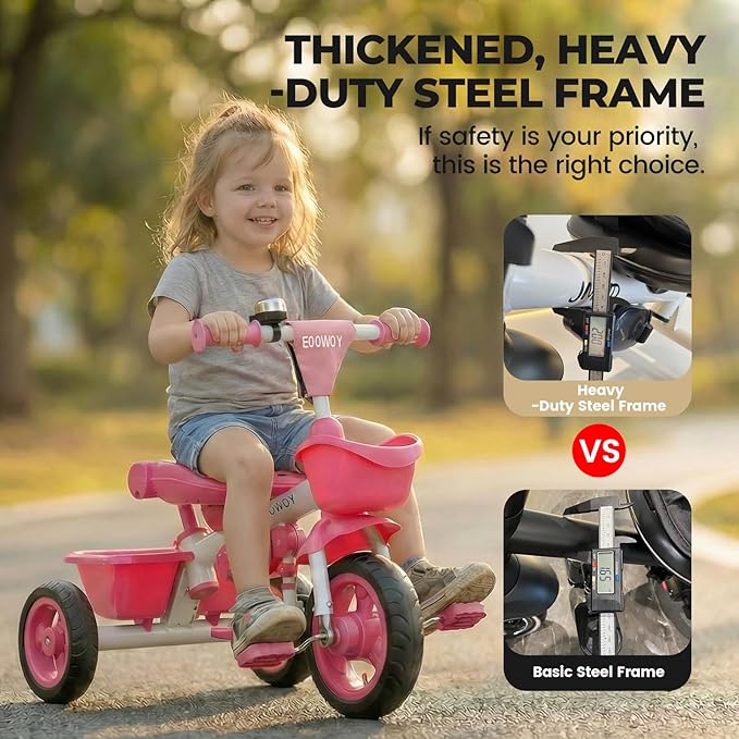 Toddler Tricycle with Push Handle, 7 in 1 Stroller Trike with 360° Swivel Seat, Reclining Backrest, All-Terrain Wheels, Dual Brakes, Canopy & Storage, Gift for Kids 18 Months to 5 Years, Pink