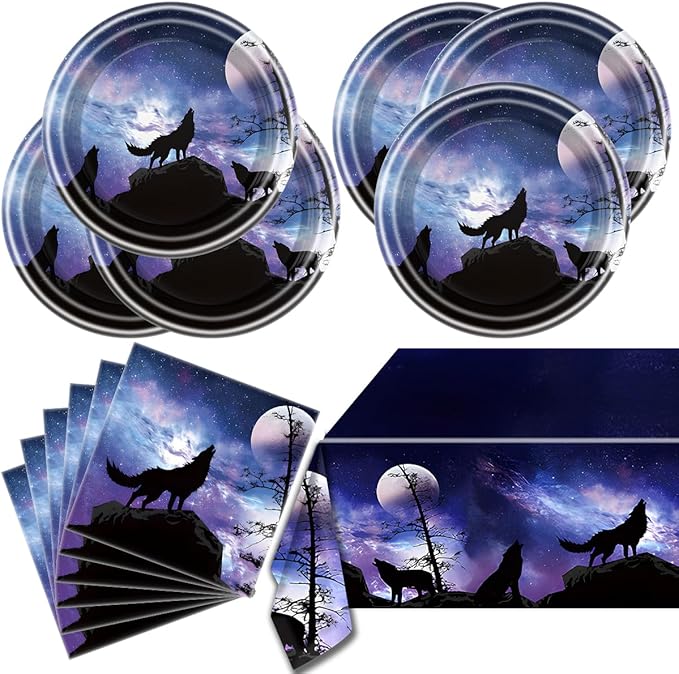 Wolf Birthday Party Tableware Set,20 Plates and 20 Napkins and Tablecloth 86 '' x 51 '', Wolf Animal Party Decorate Supplies