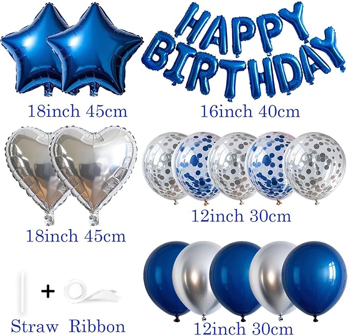 27 Pcs Blue Silver Birthday Decorations, 3D Letters Blue Happy Birthday Balloon Banner, Pentagram Heart Foil Balloons Confetti Balloons Kit For Boys Girls Party Supplies