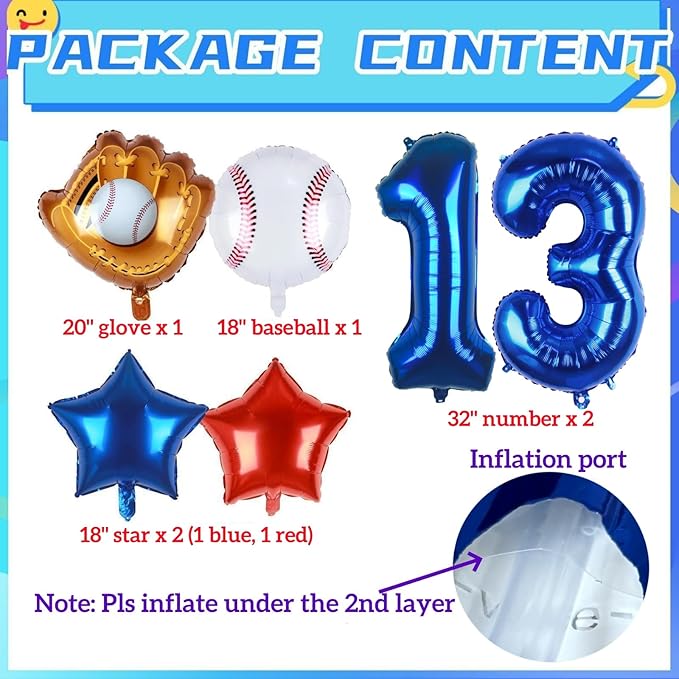 Baseball Balloons 13th Birthday Decorations for Boy, Baseball Birthday Decoration Threenager Sports Theme Party Supplies, 32Inch Foil Mylar 13 Balloon Navy Blue Red White Sports Balloon Arch Kits