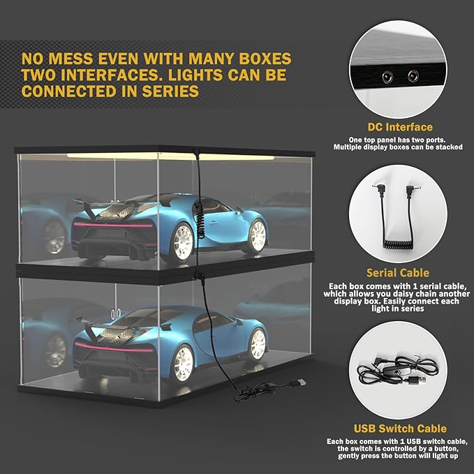 Nynelly Acrylic Display Case for Collectibles with LED Light, Clear Display Box for Lego 42143 42096 42083, 1/8 Scale Model Car Display Case, Assemble Dustproof Countertop Showcase, 23.6x11.8x7.8in