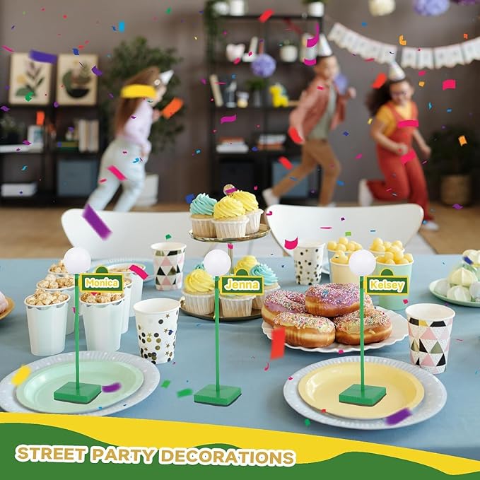 8'' Wooden Street Lamp Post Centerpieces 6 Pack with 24 Road Sign Stickers, 3D Ball Top Street Sign Decorations for City Road Theme Party, Birthday Party Table Centerpieces, Street Party Supplies