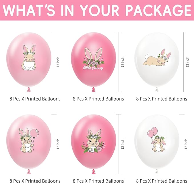 48 Pcs Bunny Birthday Decorations Balloons Set, Pink Rabbit Bunny Theme Print Latex Balloons Party Supplies for Birthday Baby Shower, Easter