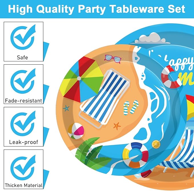 96 Pcs Beach Party Supplies Paper Plates Napkins Summer Beach Hawaiian Pool Party Birthday Decorations Favors for Kids Serves 24